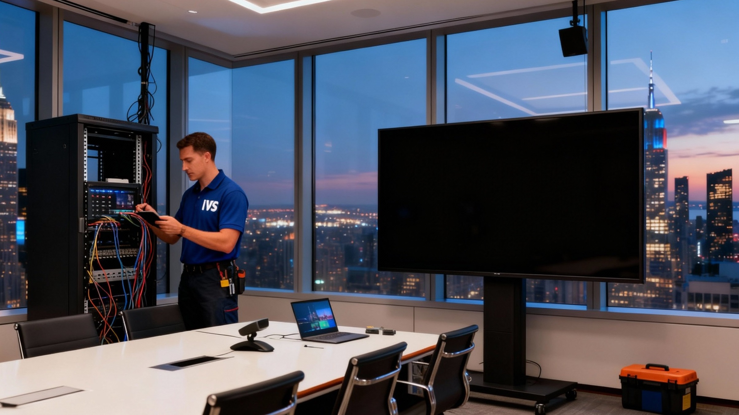 Conference room AV installation in Manhattan boardroom with video conferencing systems
