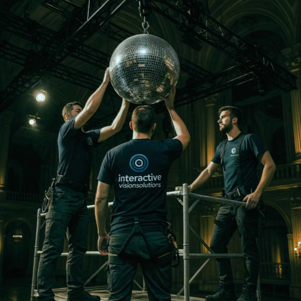 Professional IVS riggers installing mirror ball with safety harnesses in high-ceiling Manhattan venue