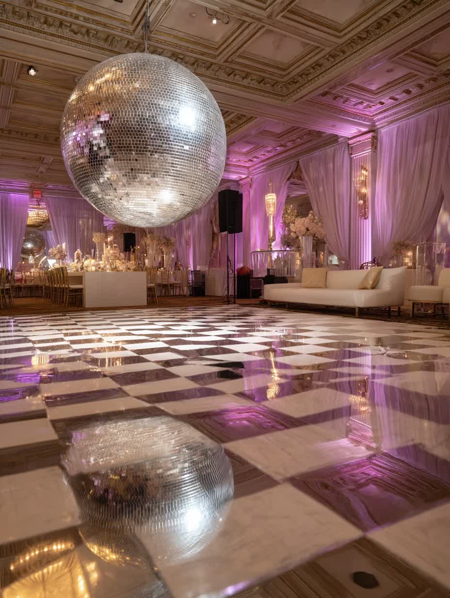 Elegant disco ball setup for upscale NYC wedding with professional lighting design