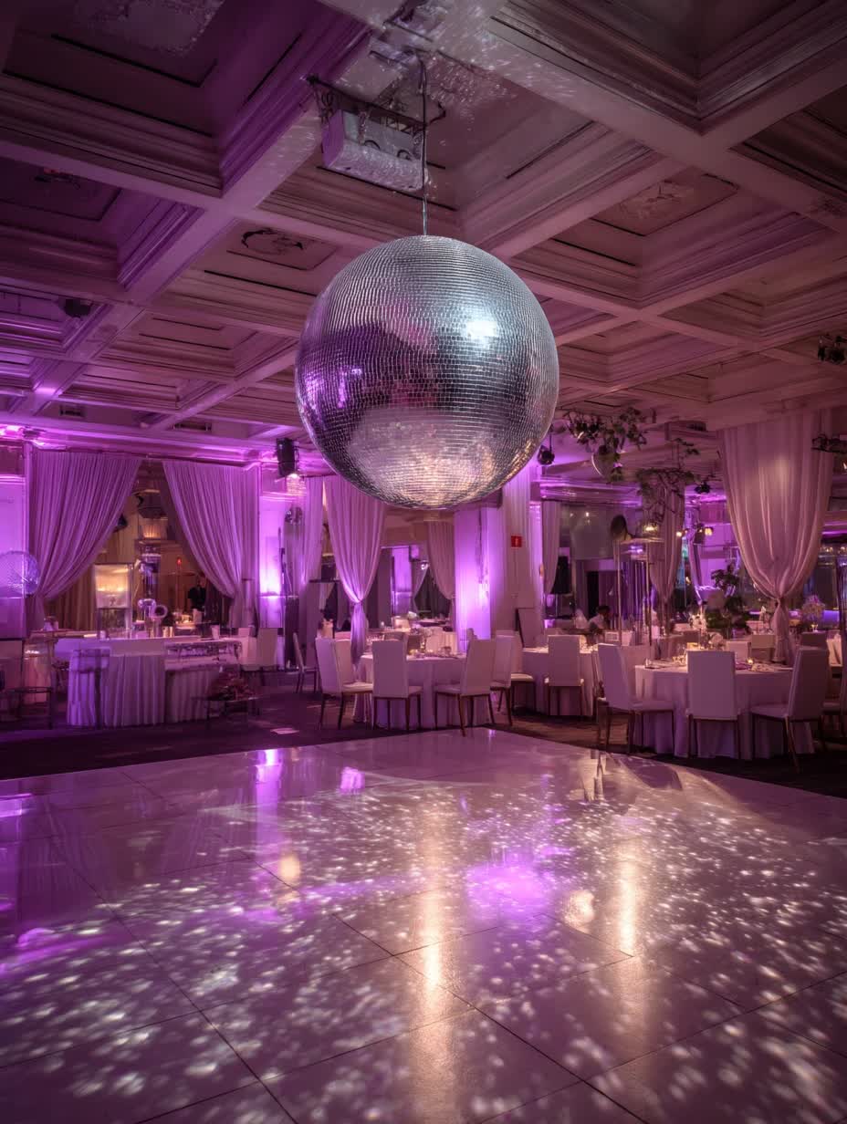 Custom mirror ball cluster installation with strategic pin spots for Manhattan luxury wedding