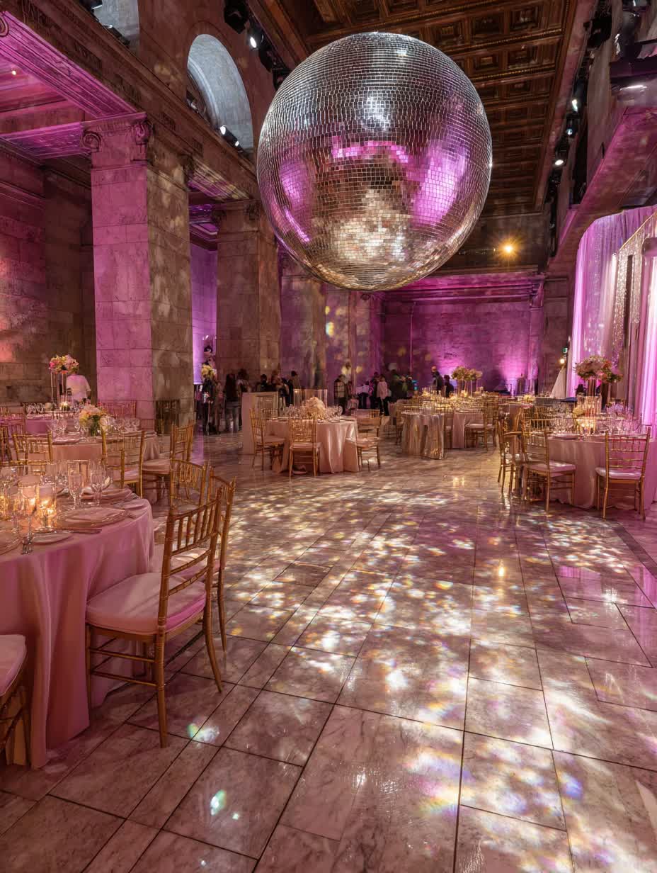 Elegant lighting design with multiple disco balls creating overlapping patterns at NYC wedding