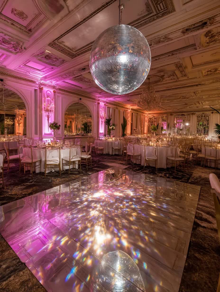 Gold-faceted disco ball creating champagne-colored reflections at black-tie Manhattan wedding