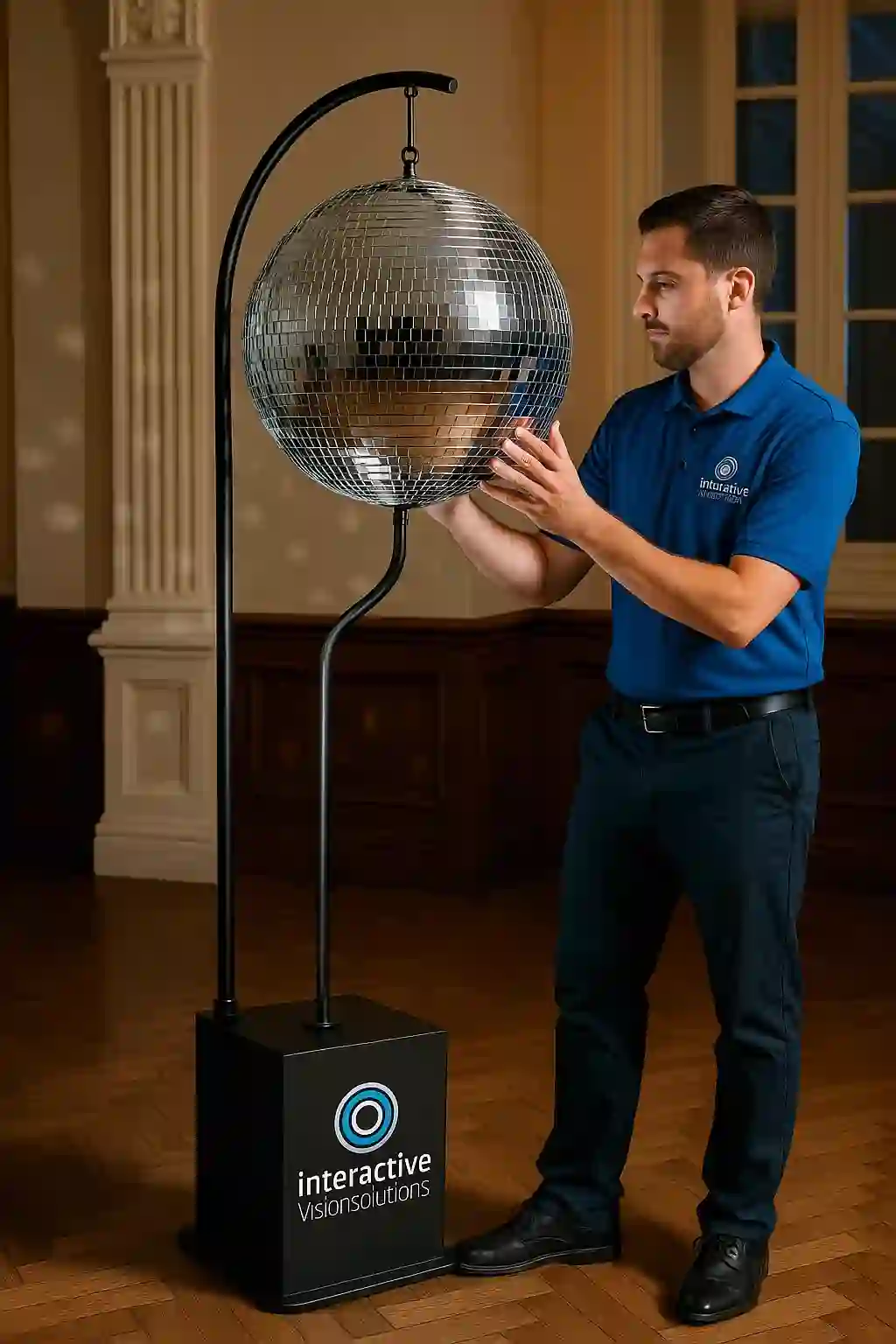 Freestanding mirror ball display rental NYC, no ceiling mount needed