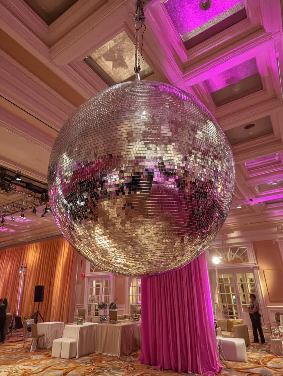 Giant 48-inch disco ball installation for large corporate event in Manhattan venue