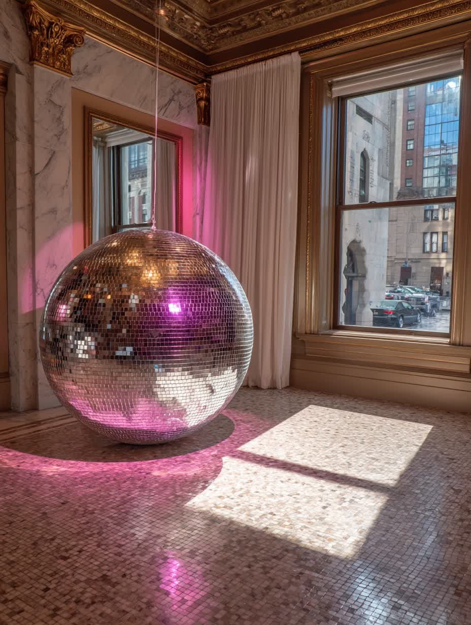 Specialized lifting equipment raising giant mirror ball into position at NYC corporate event