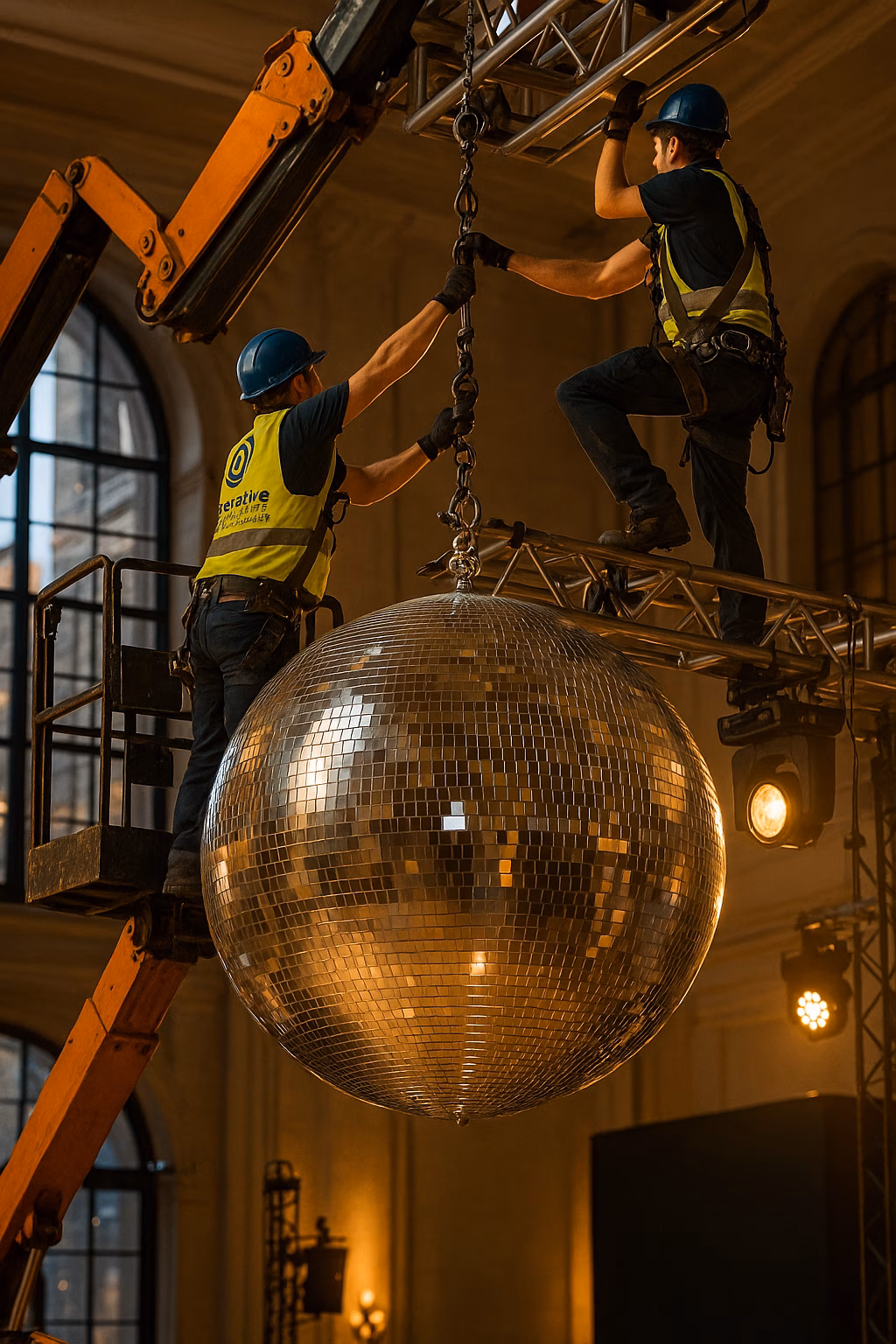 Professional installation of giant disco ball using industrial lift crane in high-ceiling Manhattan venue by certified IVS riggers