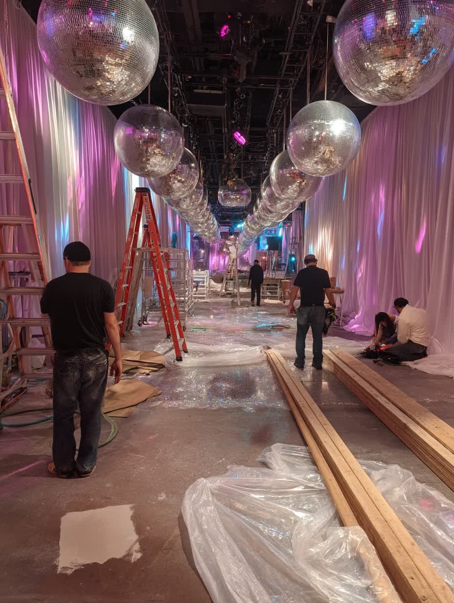 Professional mirror ball rigging and installation with certified technicians using safety equipment in Manhattan venue