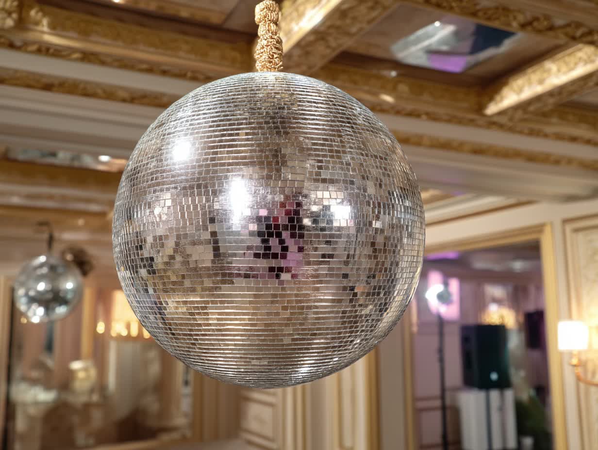 Large 24-inch disco ball rental for luxury Manhattan events with professional installation service