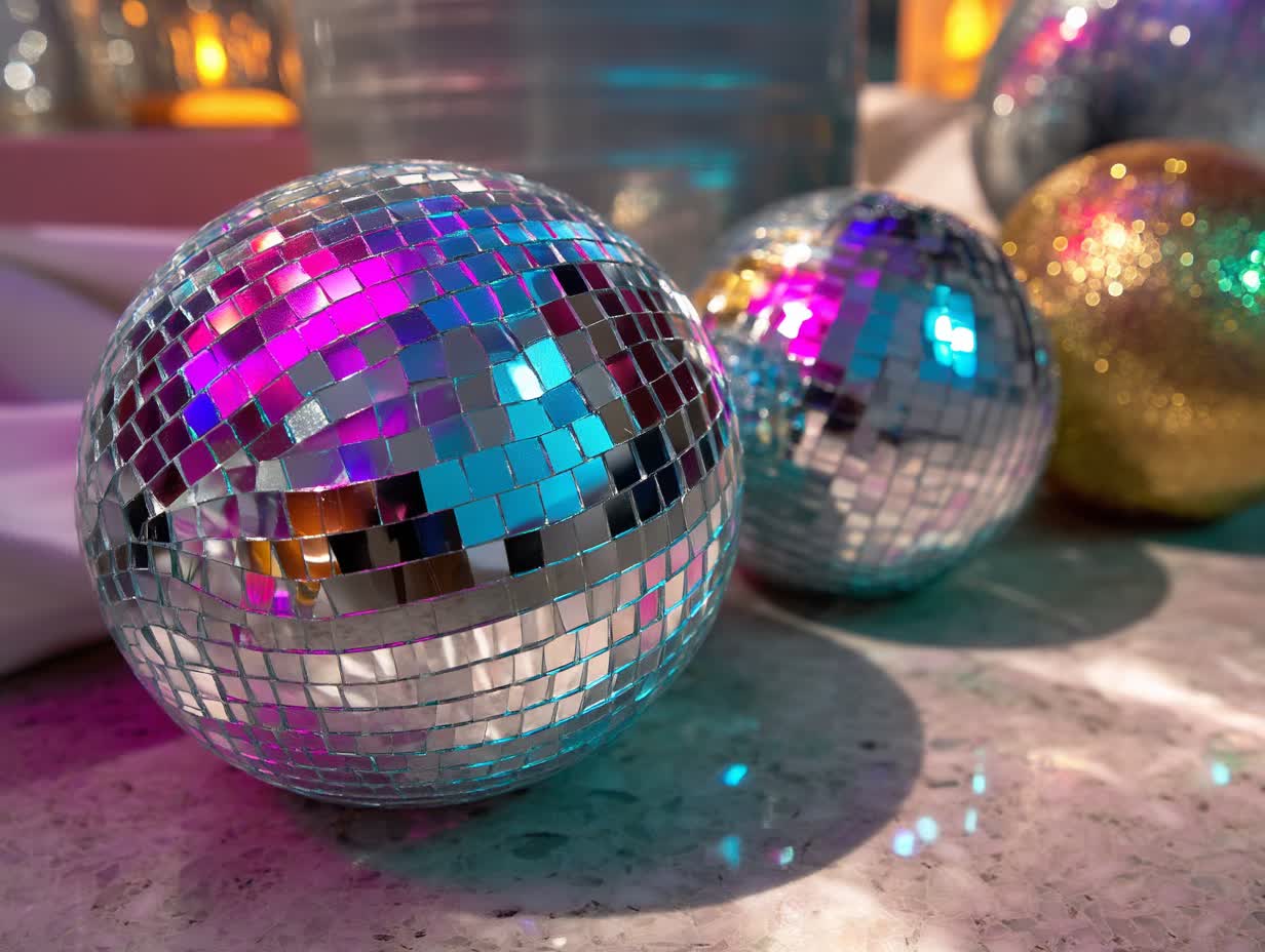 Various disco ball sizes from 12-48 inches for NYC wedding and corporate event rentals with LED lighting
