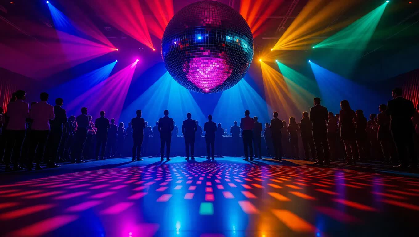 Giant disco ball rental with professional RGB lighting creating spectacular dance floor effects at Manhattan corporate event