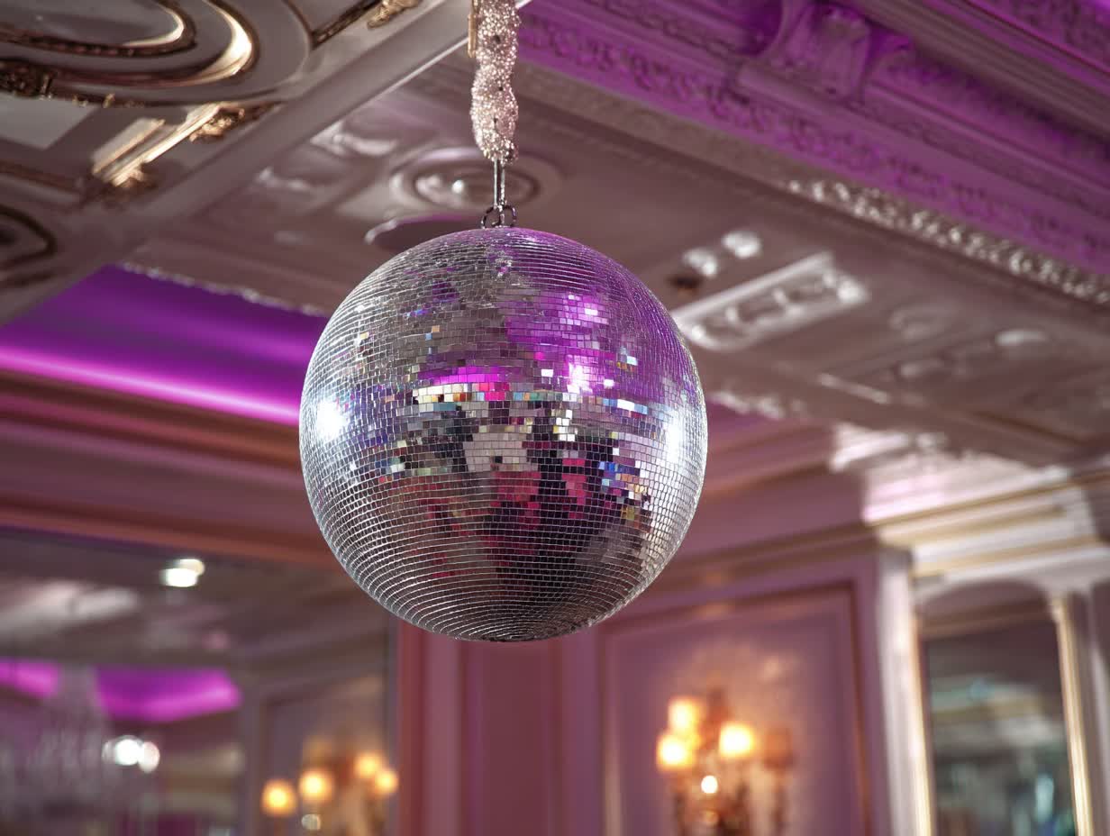 Same-day professional disco ball installation with purple uplighting in luxury Manhattan hotel ballroom