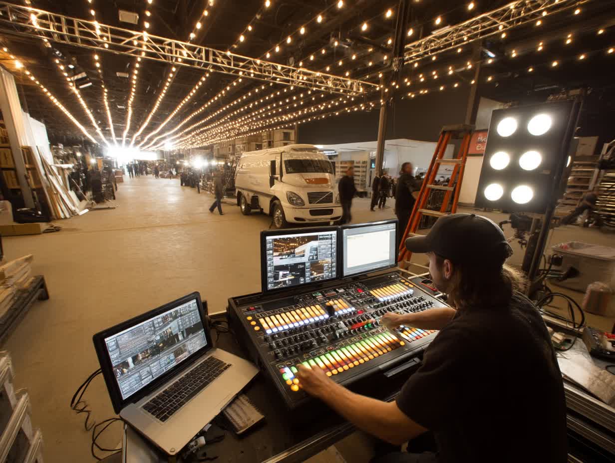 professional lighting equipment rental setup NYC corporate event production with LED stage lighting and audio visual systems Manhattan venue