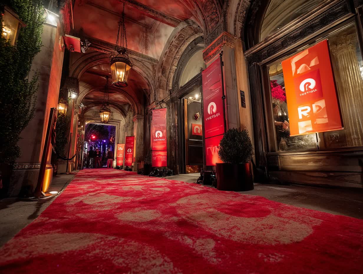 Custom branded red carpet rental in NYC corporate event with integrated lighting and logo displays