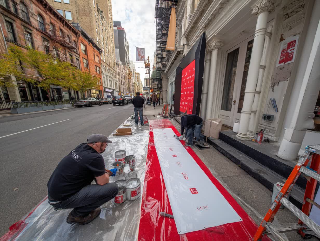 Weather-resistant red carpet rental setup in NYC with protective covering and professional barriers for outdoor event
