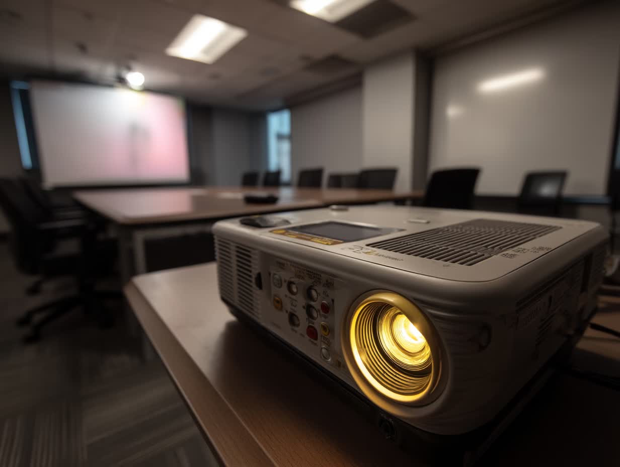 Professional 4K laser projector setup in Manhattan corporate boardroom with wireless presentation capabilities