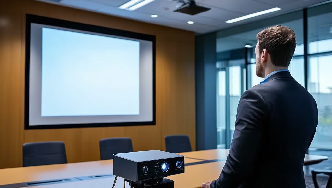 Emergency projector rental response team delivering backup equipment to Manhattan corporate headquarters during critical presentation