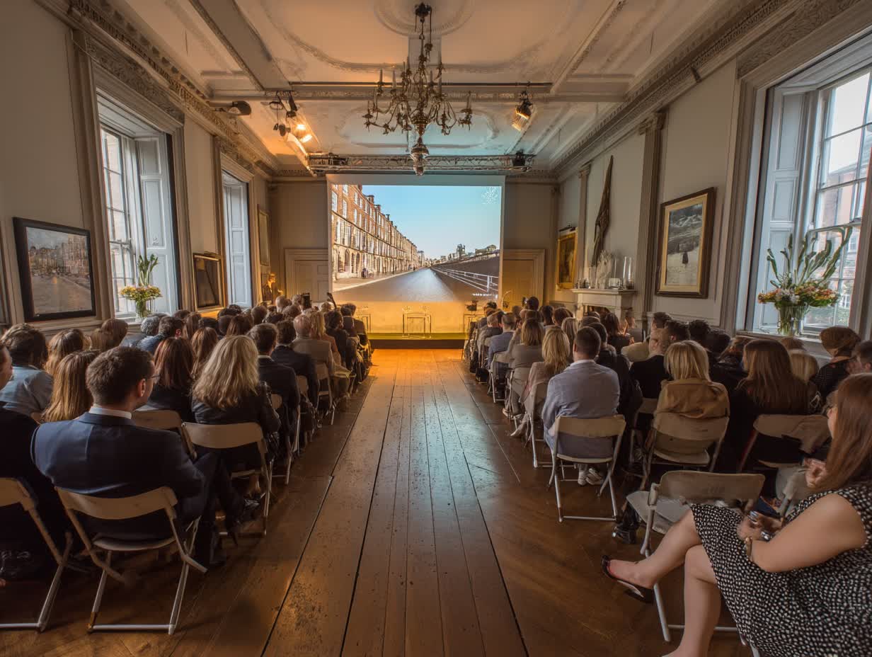Professional projector screen rental setup in NYC office conference room with business presentation equipment