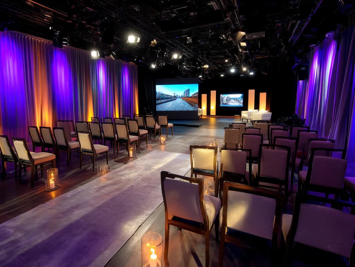 Professional technician conducting venue assessment for projector screen rental in upscale Manhattan event space