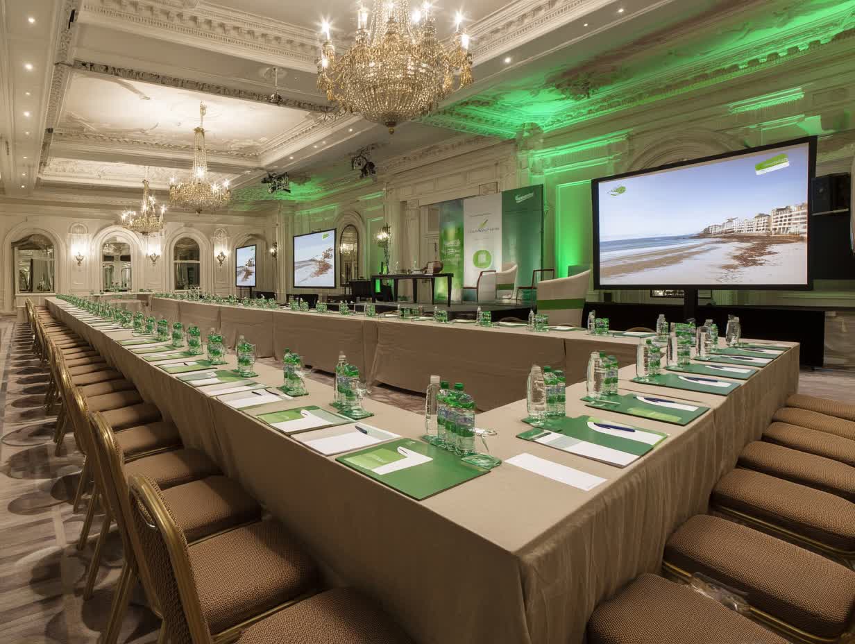 Modern hybrid event setup with integrated projector screen and streaming technology in Manhattan corporate venue