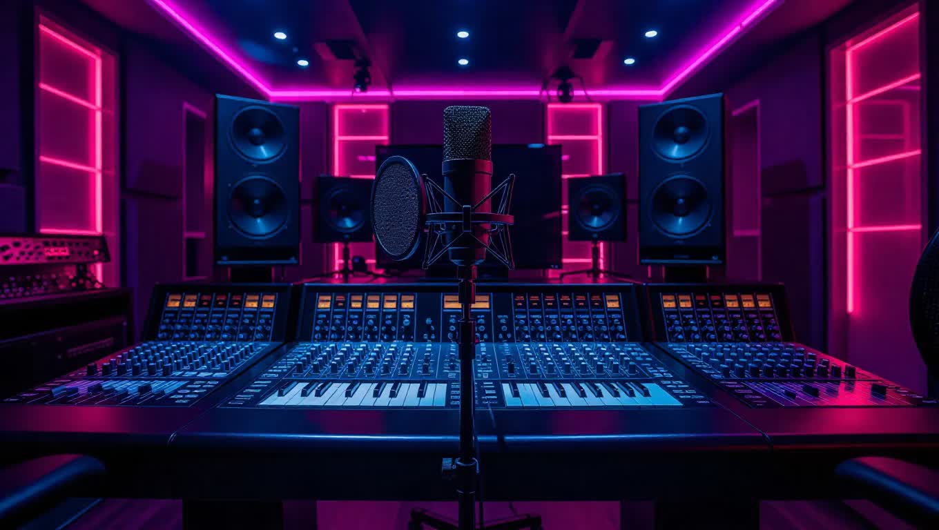 Professional audio engineers monitoring recording equipment with backup systems and redundant power supplies for NYC rental productions