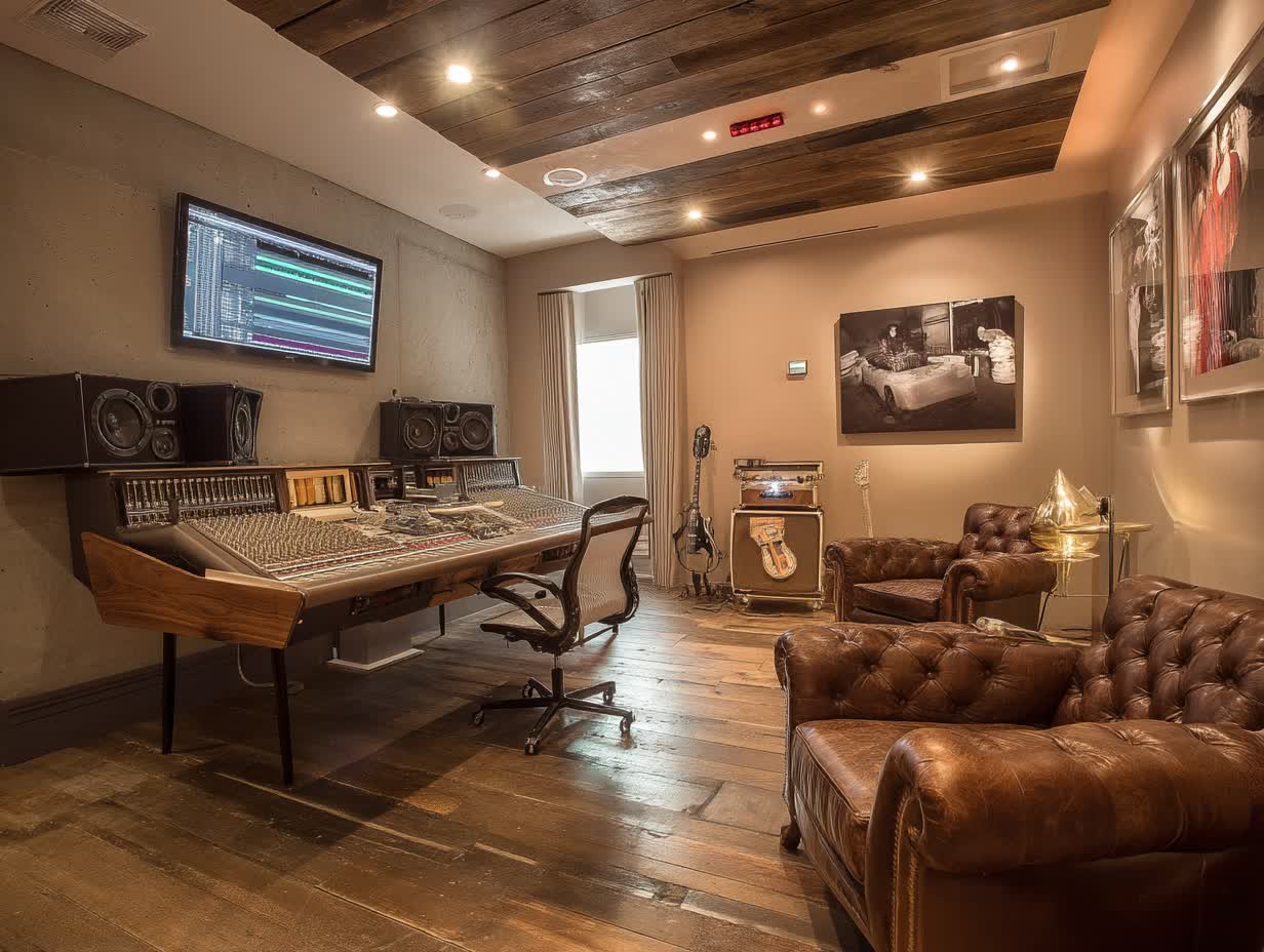 Professional sound engineering setup with acoustic treatment and microphone systems for NYC venue recording