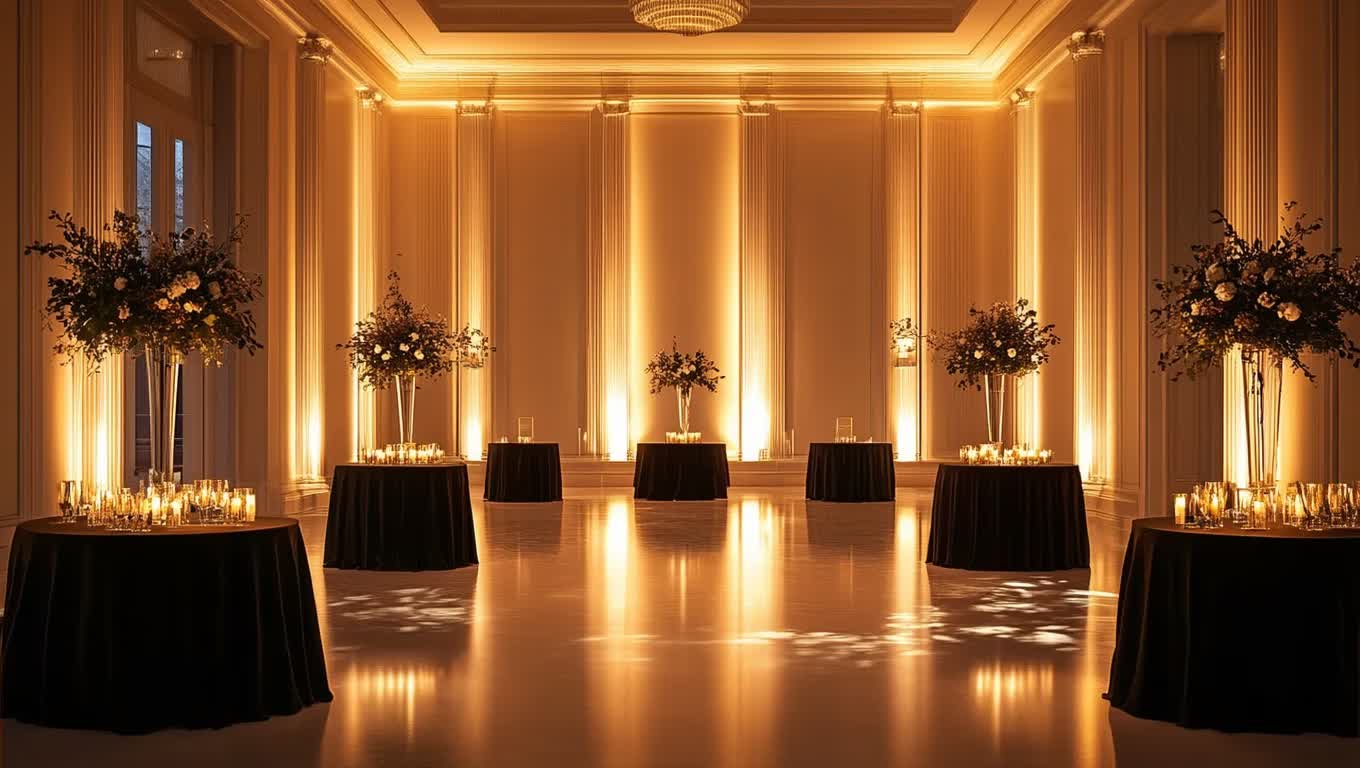 Professional wedding uplighting rental setup with LED uplighting and string lights for wedding rental in elegant Manhattan venue