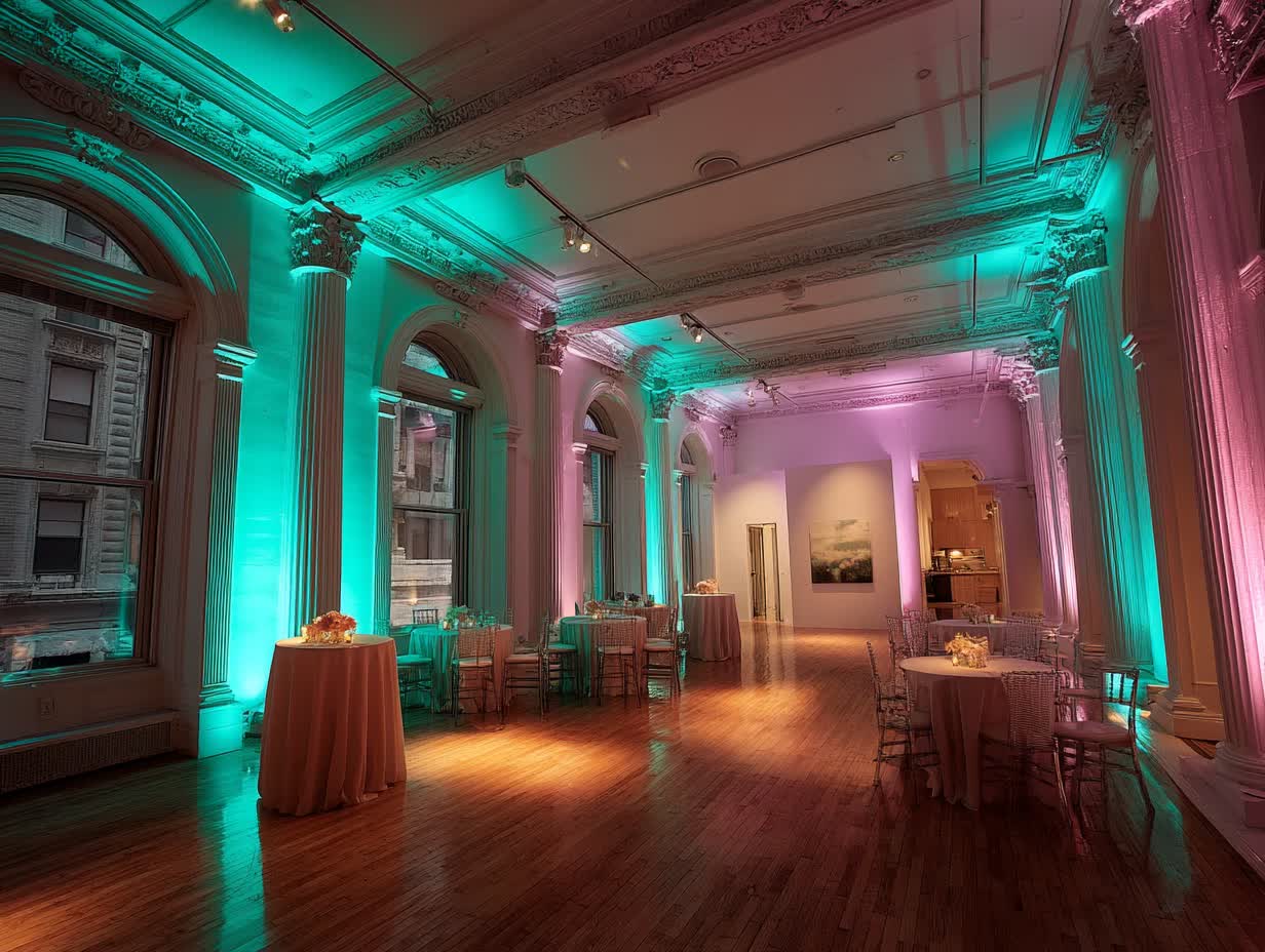 Interactive wedding lighting rental with LED uplighting and string lights for wedding rental creating memorable guest experience