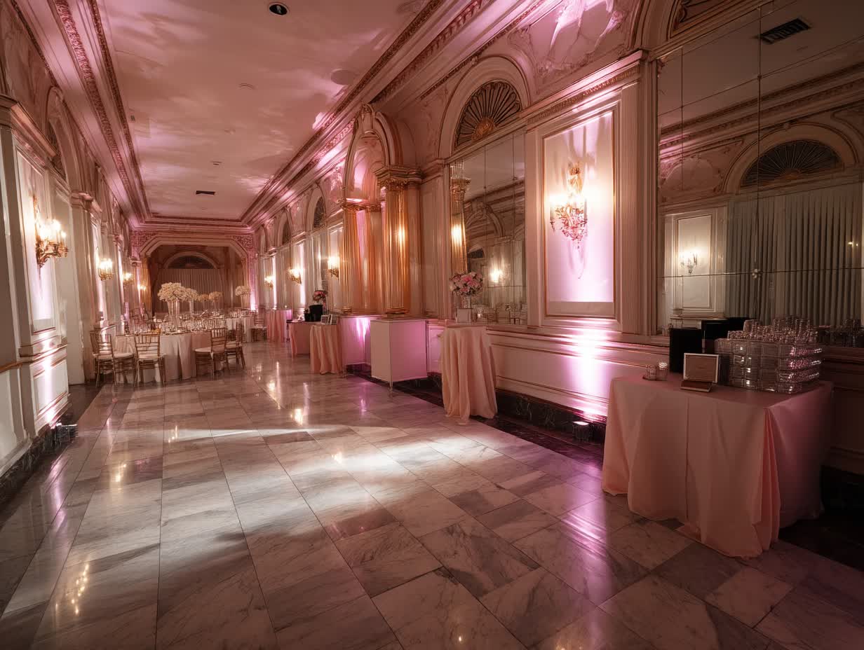 Weatherproof wedding lighting rental with outdoor LED uplighting and string lights for wedding rental in NYC rooftop venue